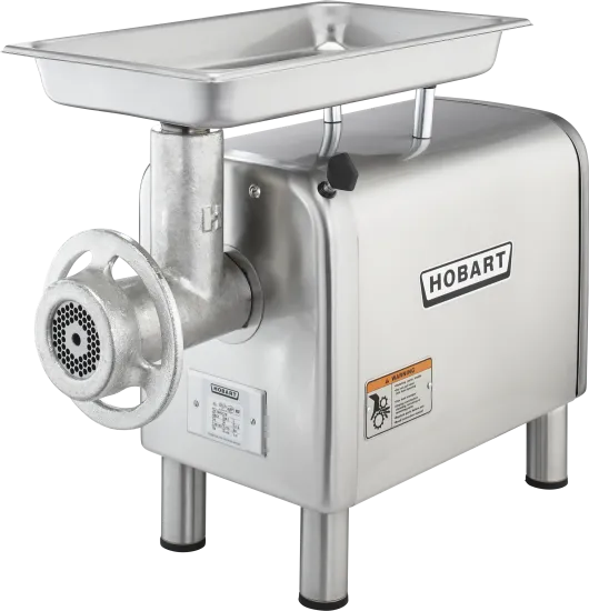 Hobart commercial meat grinder with stainless steel construction and feeding tray - professional food processing equipment