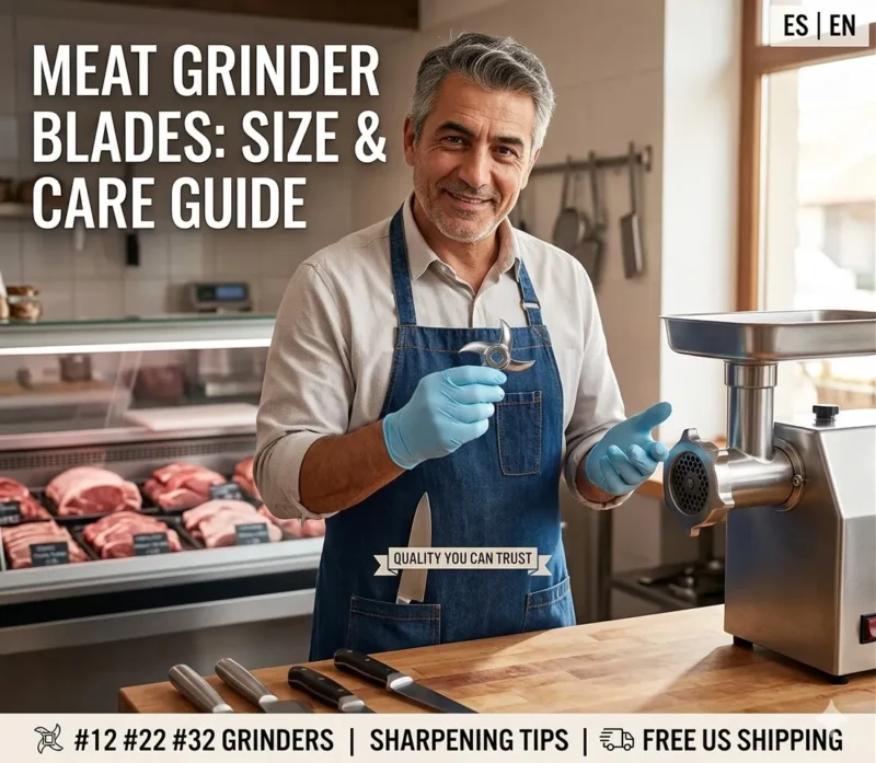 A professional butcher presents a clean, sharp stainless steel meat grinder blade in a bright commercial kitchen, with fresh minced meat in a bowl and a subtle sign that reads 'Professional Blades - ButcherBetter.com'
