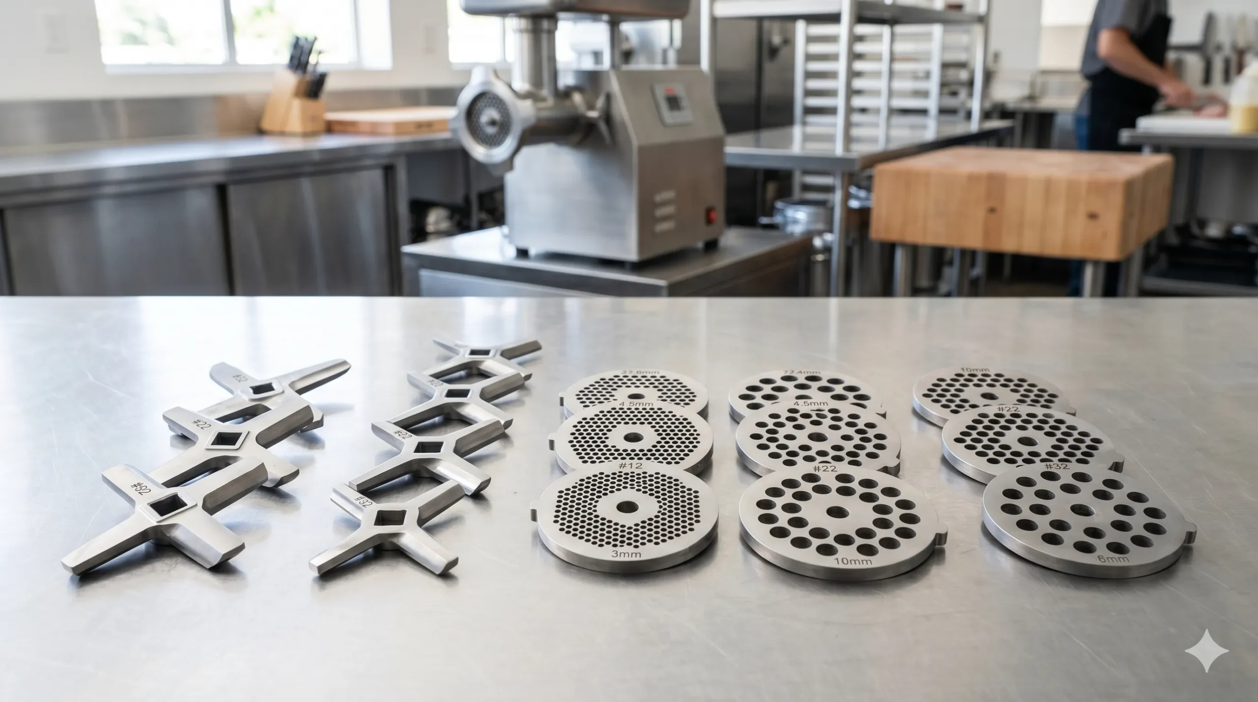Commercial meat grinder plates and replacement knives from Butcher Better supply catalog