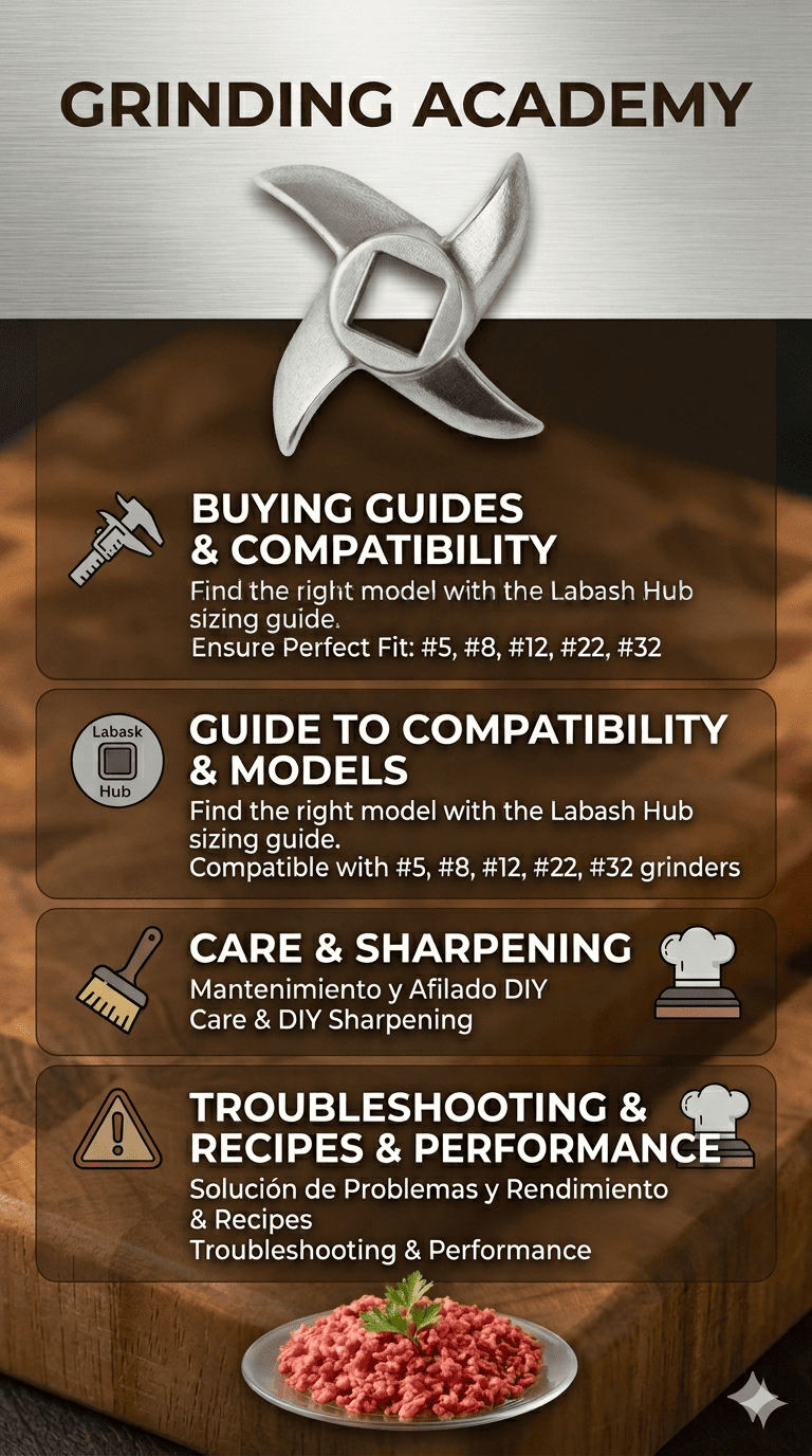 Infographic showing meat grinder blades sizes compatibility, sharpening care, and troubleshooting performance for heavy-duty grinders