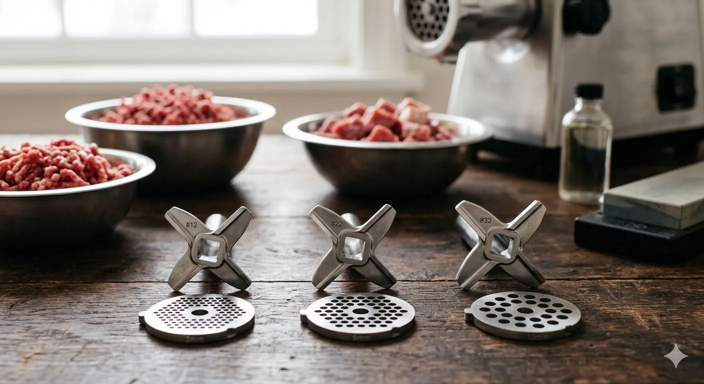 Three different sizes of stainless steel meat grinder blades and plates (#12, #22, and #32) arranged on a wooden table next to bowls of meat