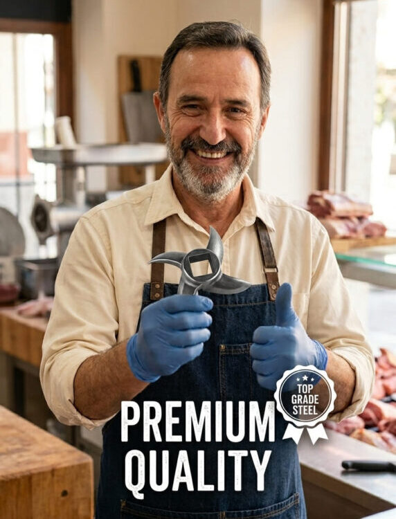 A happy professional butcher in an apron holding a high-quality stainless steel meat grinder blade and giving a thumbs up, featuring text premium quality
